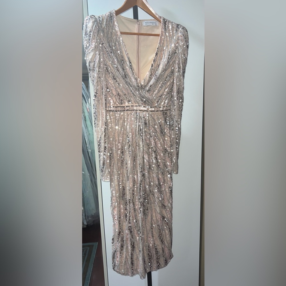 Long sleeve v neck beaded midi cocktail dress - Picture 5 of 12